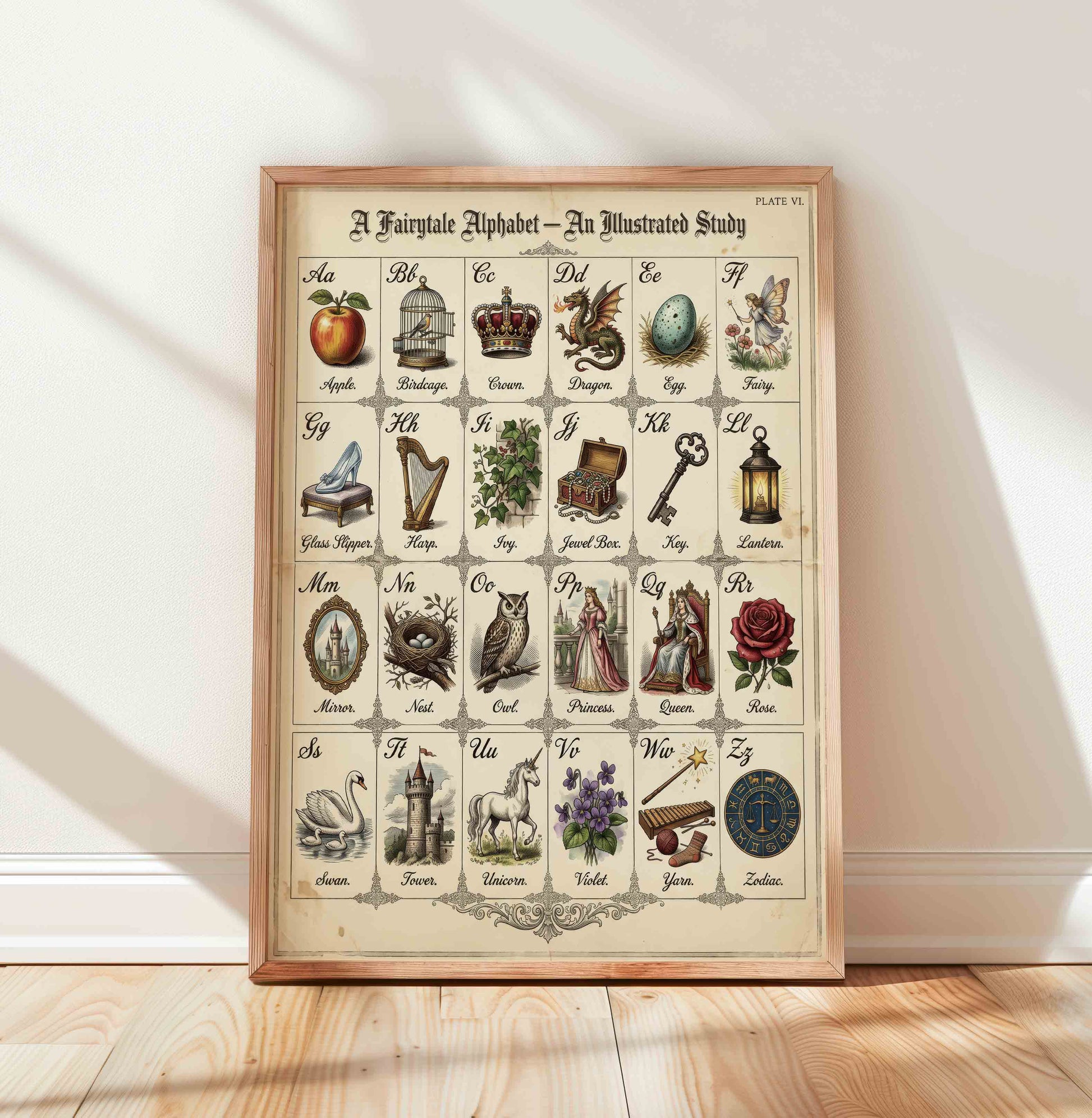 Fairytale alphabet illustrated chart print for a vintage princess nursery room