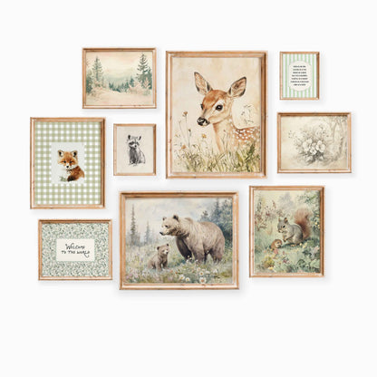 Forest animal and typography quotes nursery art set of 9 styled in a gender neutral room