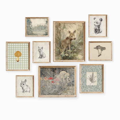 Forest mushroom and botanical woodland nursery art set of 9 styled in a gender neutral room