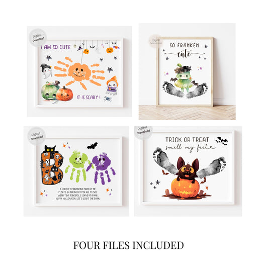 Franken-Cute monster and bat Halloween handprint art template pack of 4
