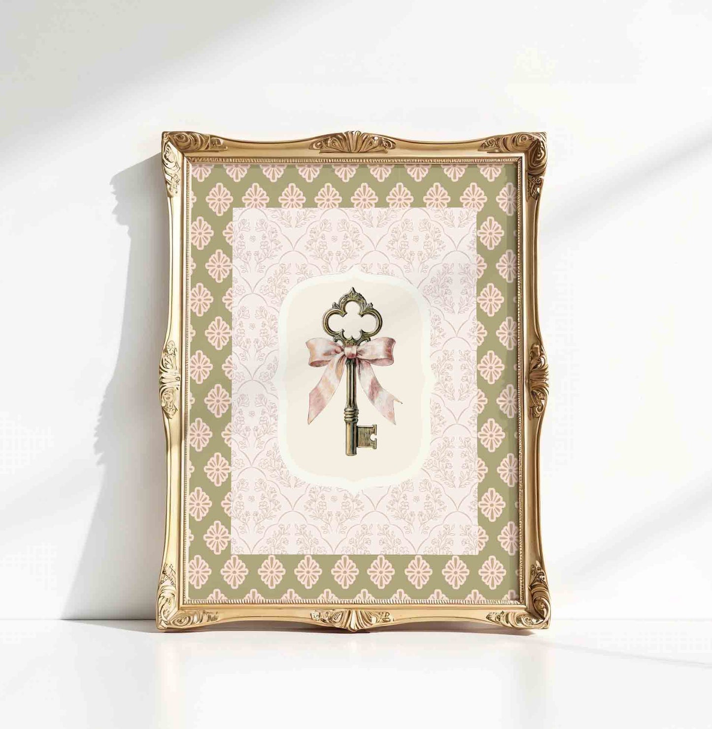 Golden key with pink ribbon print on sage pattern for a princess nursery room