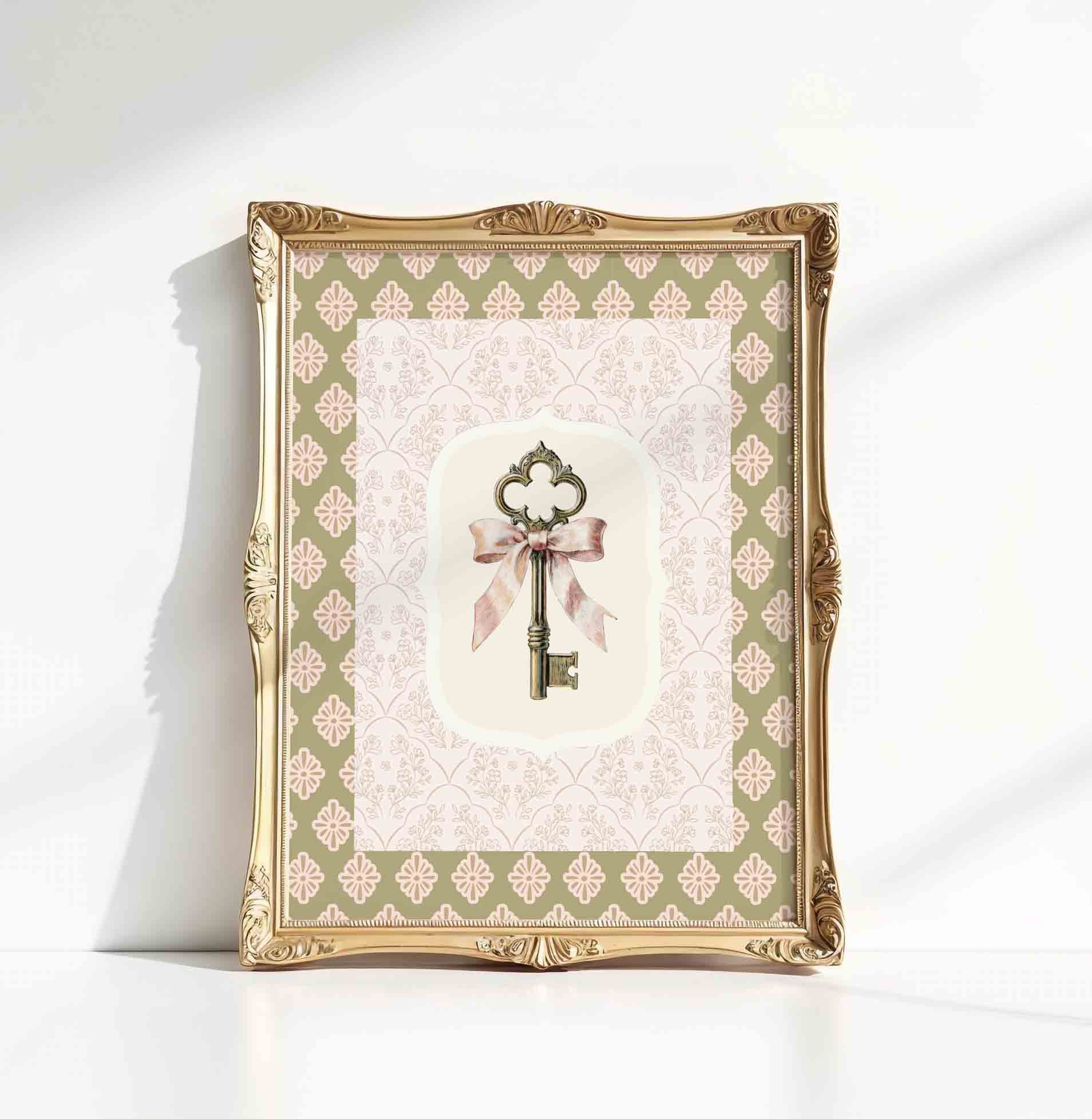 Golden key with pink ribbon print on sage pattern for a princess nursery room