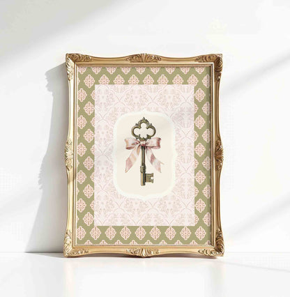 Golden key with pink ribbon print on sage pattern for a princess nursery room