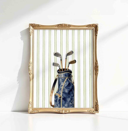 Golf bag with clubs on green stripe background for a preppy boys nursery wall