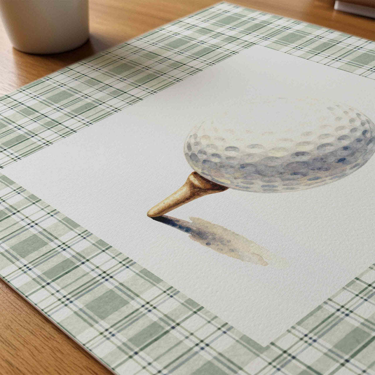 Golf ball on tee styled on sage plaid for a country club boys nursery room