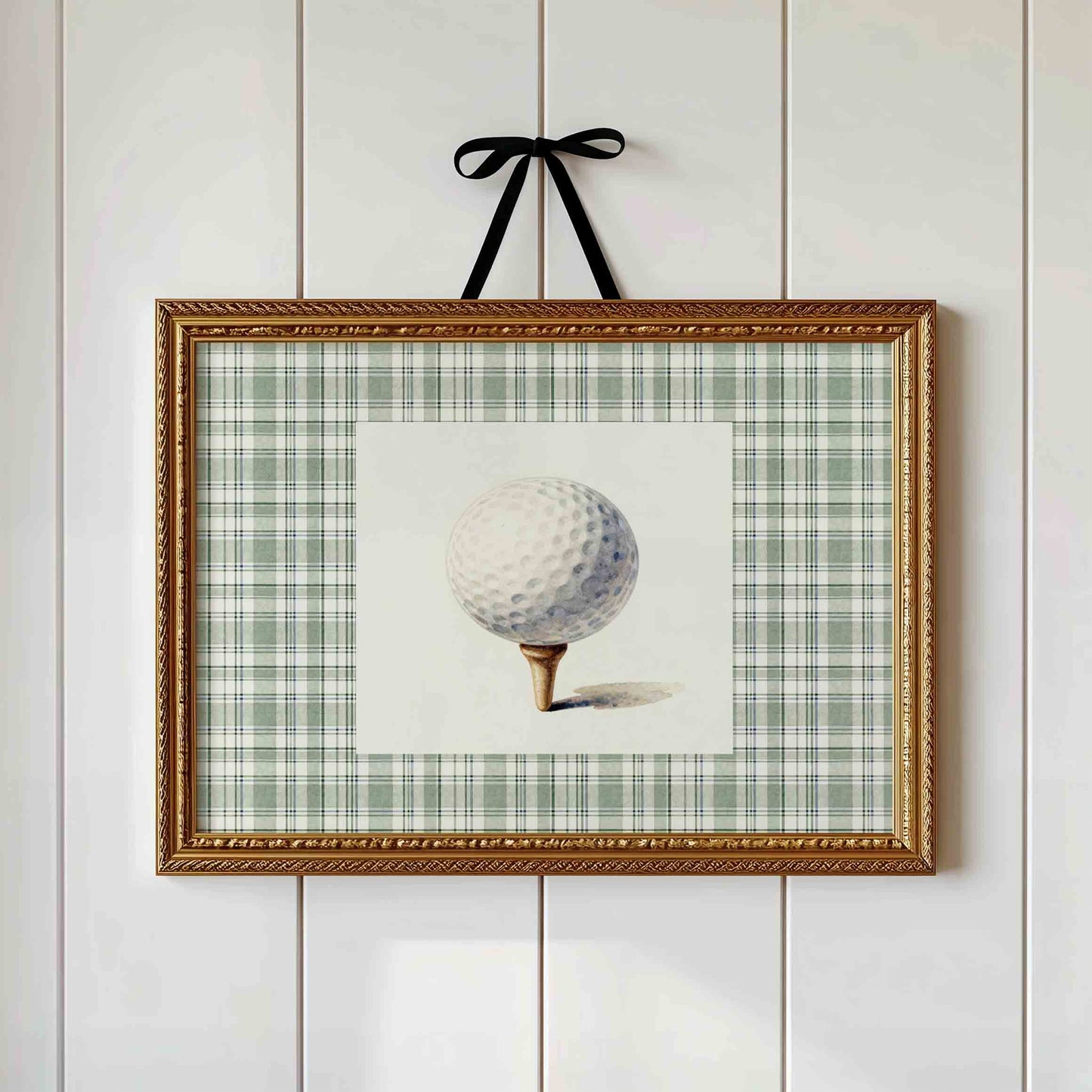 Golf ball on tee print on sage plaid background for a country club nursery room