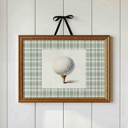 Golf ball on tee print on sage plaid background for a country club nursery room