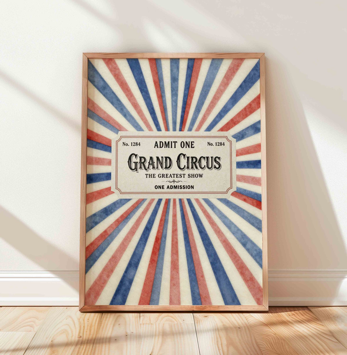 Grand circus admit one ticket print in red and blue for a vintage nursery room