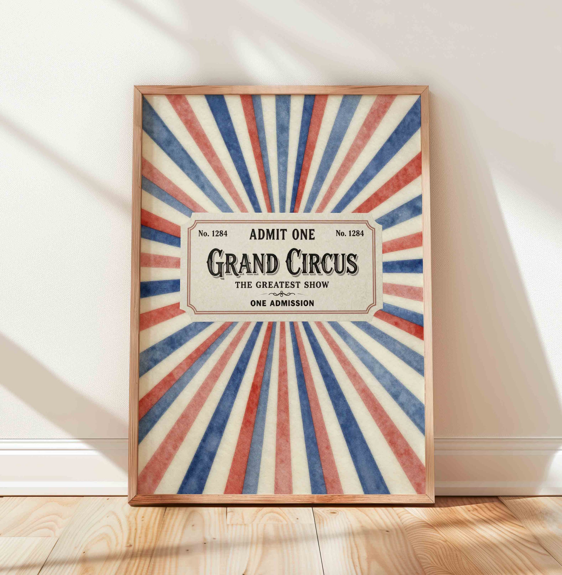 Grand circus admit one ticket print in red and blue for a vintage nursery room