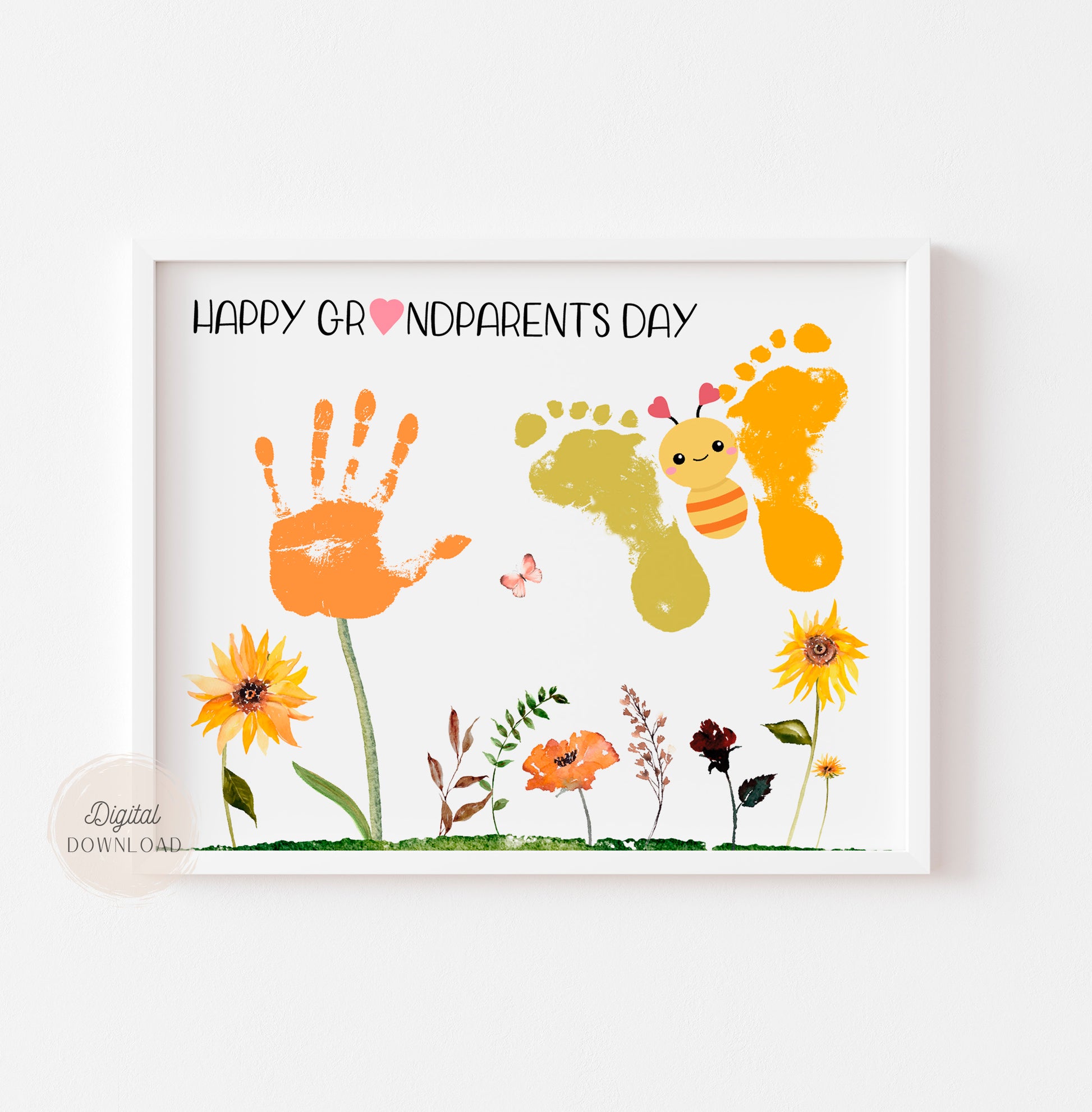 Flower and butterfly handprint keepsake craft made for Grandparents Day