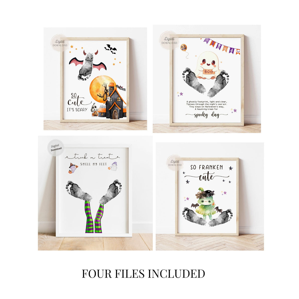 Halloween footprint art set of 4 spooky keepsake templates with ghost, witch, and monster designs