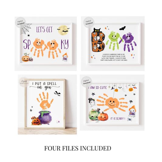Halloween handprint art set of 4 spooky templates with cauldron, spider, and ghost designs
