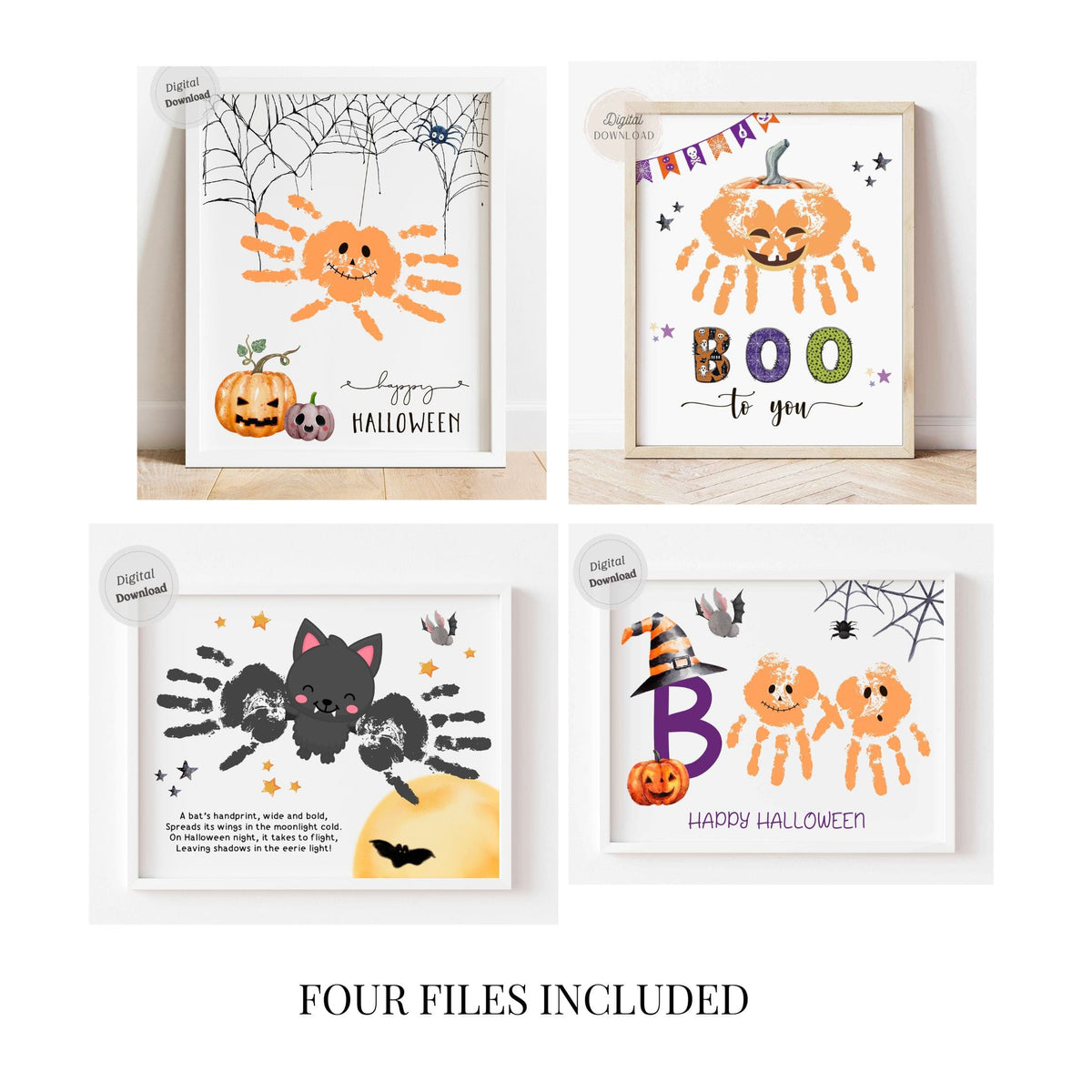 Halloween handprint art set of 4 spooky templates with spider, bat, and pumpkin designs