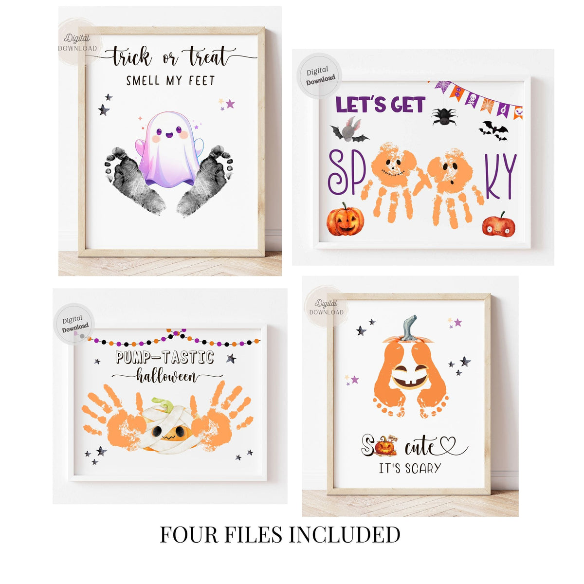 Halloween handprint and footprint art set of 4 spooky templates with ghost, pumpkin, and mummy designs