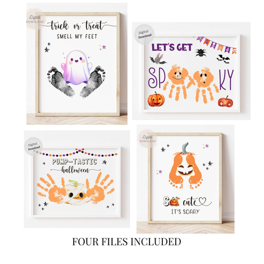 Halloween handprint and footprint art set of 4 spooky templates with ghost, pumpkin, and mummy designs