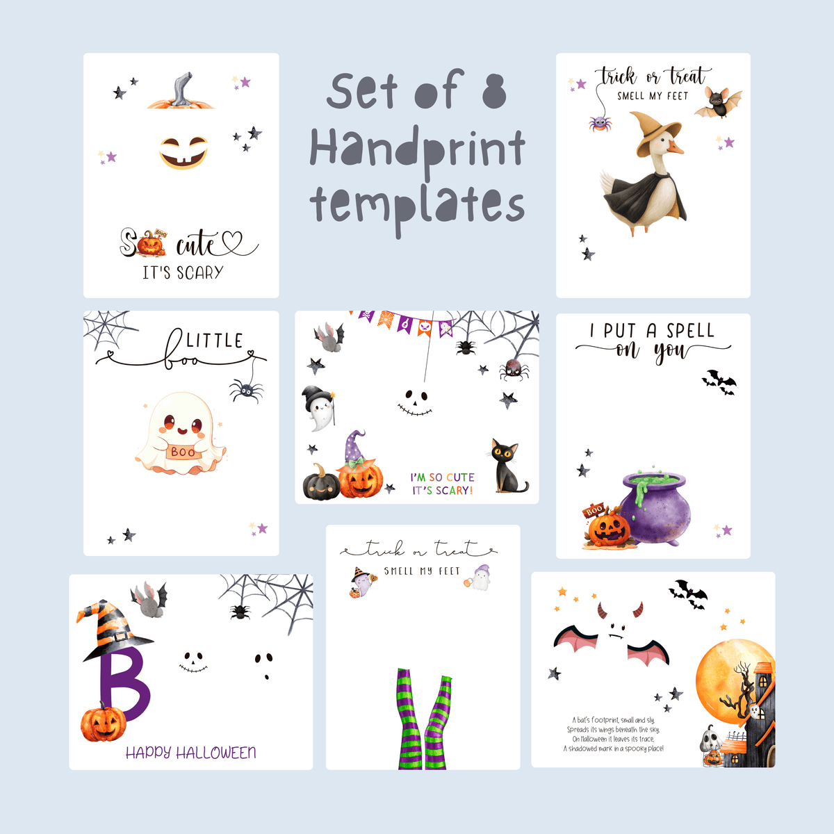 Toddler Halloween handprint and footprint craft templates with ghost, witch goose, spider, and pumpkin designs