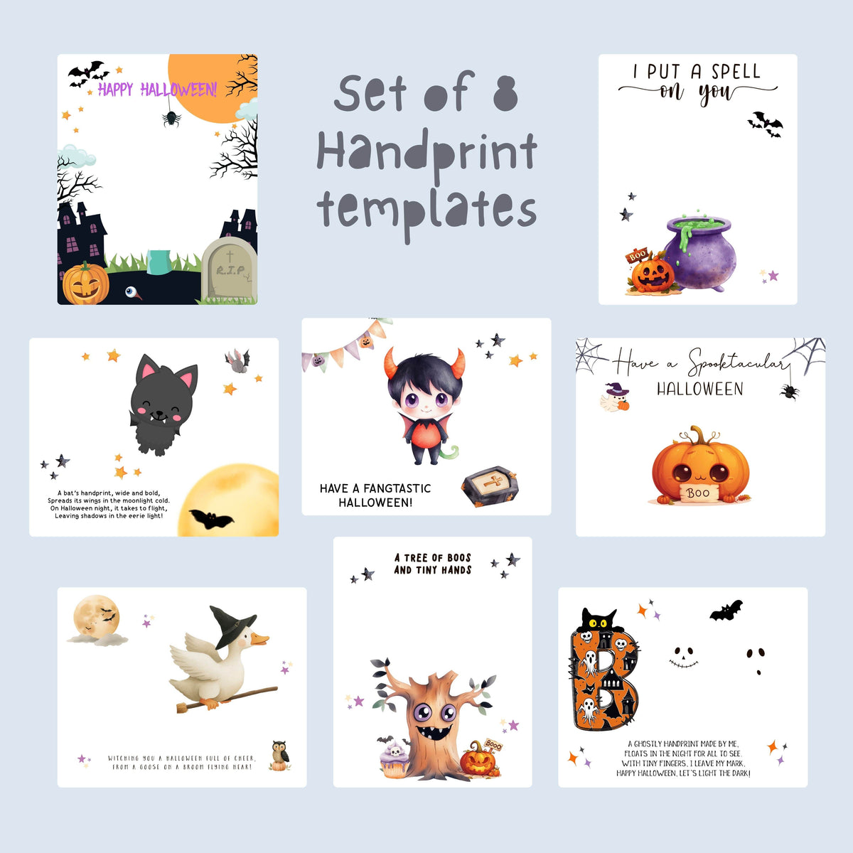 Toddler Halloween handprint art templates with witch cat, ghost, vampire, and pumpkin designs