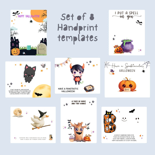 Toddler Halloween handprint art templates with witch cat, ghost, vampire, and pumpkin designs