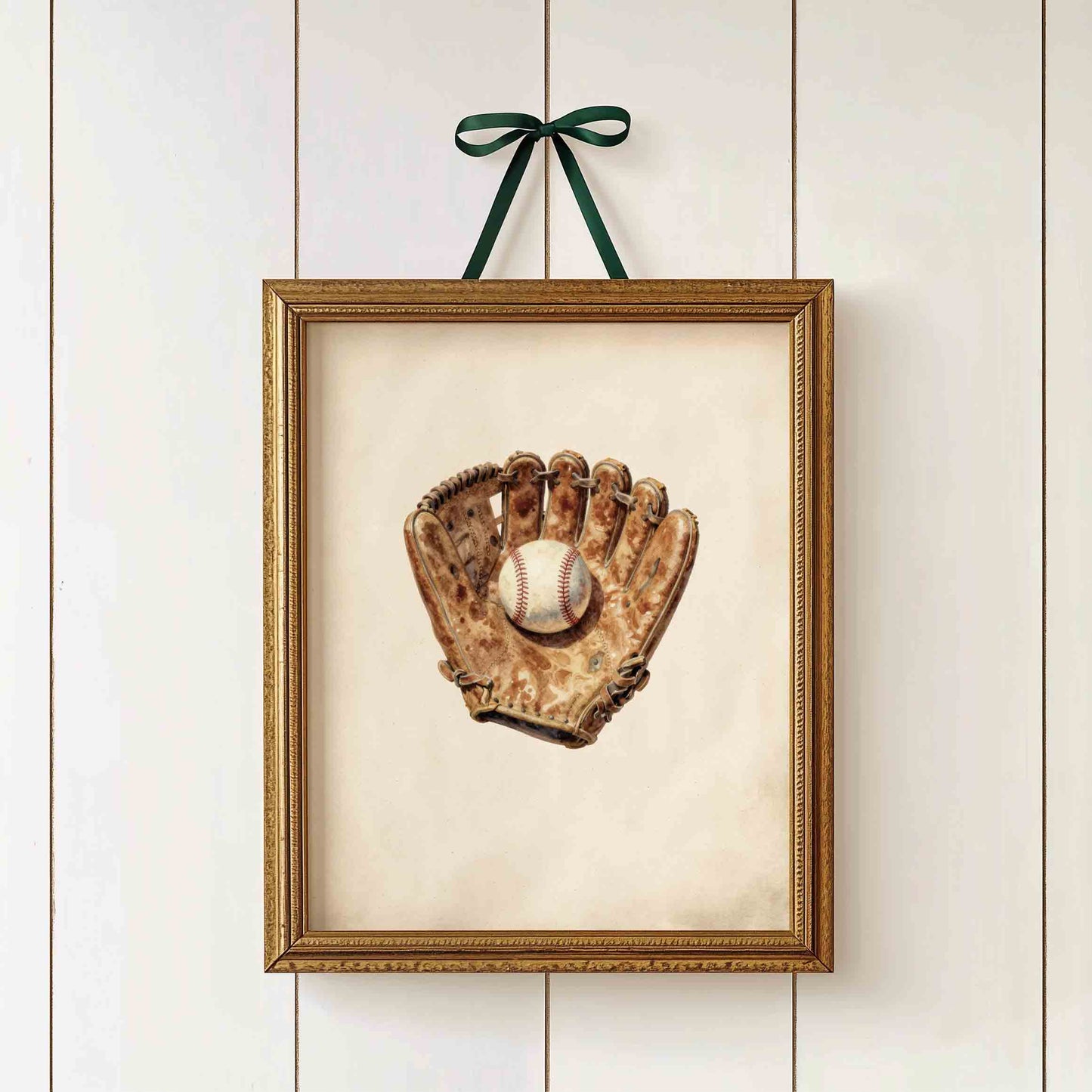 Heirloom style baseball watercolor print for a boys nursery room