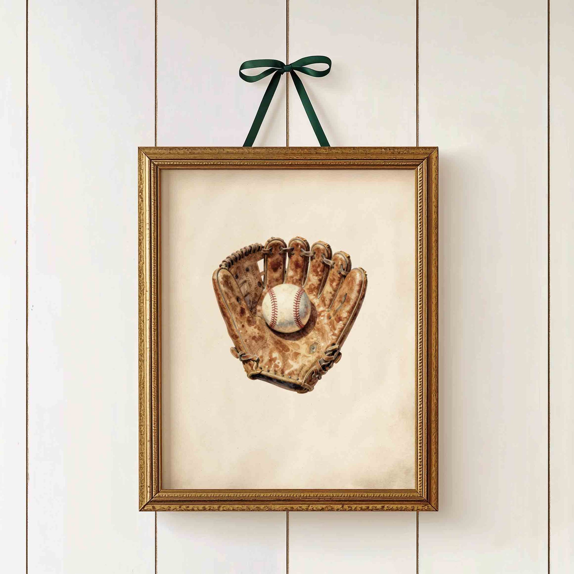 Heirloom style baseball watercolor print for a boys nursery room