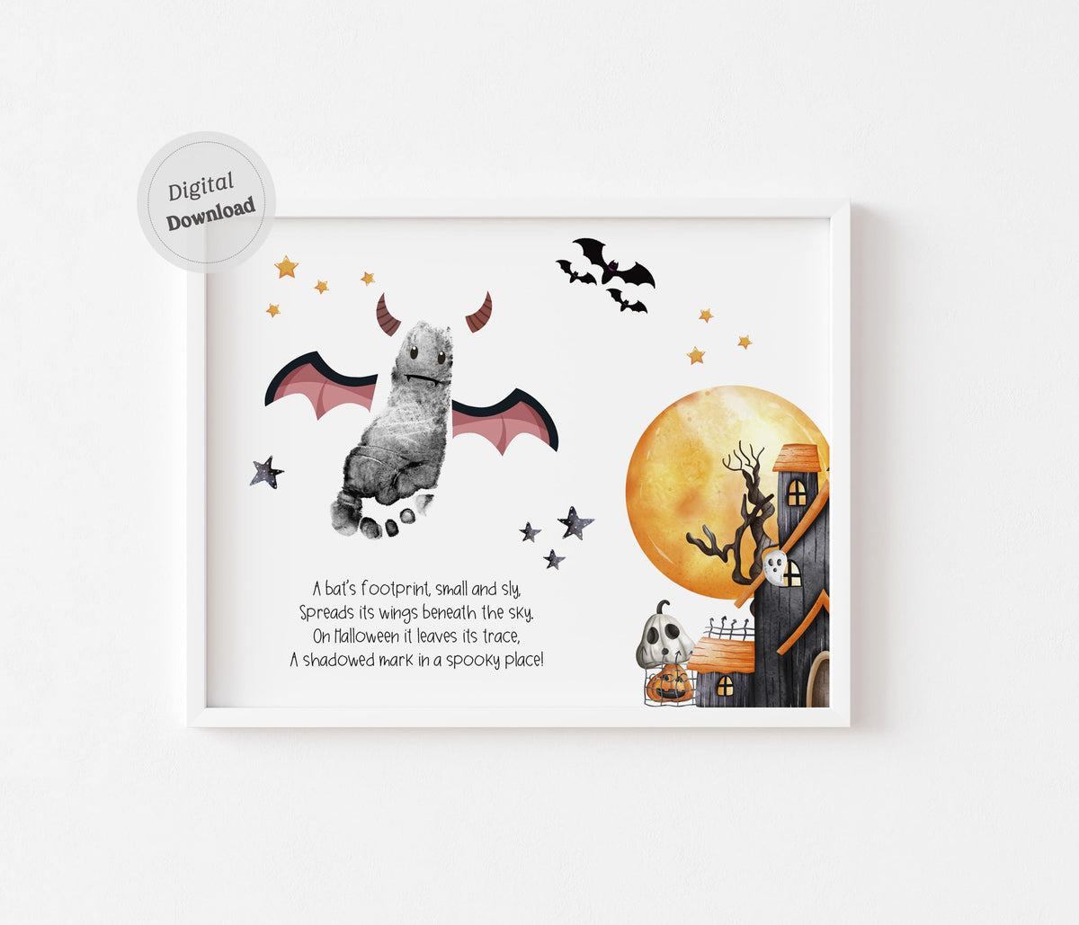 Horned bat footprint art printable Halloween poem craft template