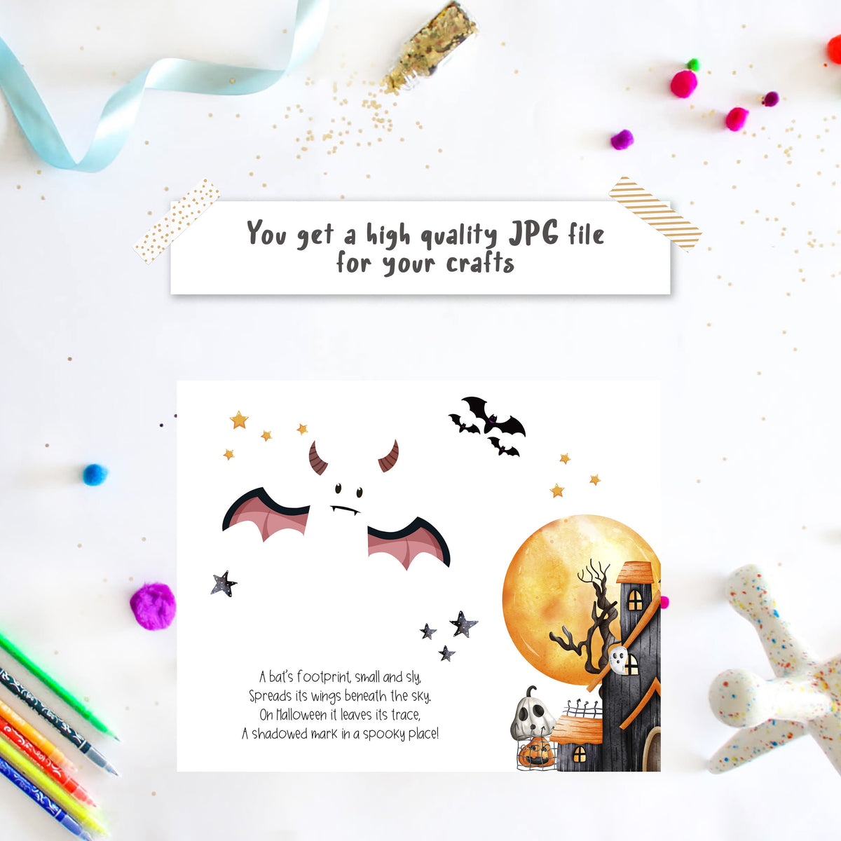 Baby footprint bat art template with haunted house and poem for Halloween
