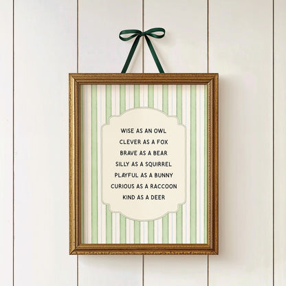 Inspirational nature quote print in moss green for a forest nursery wall