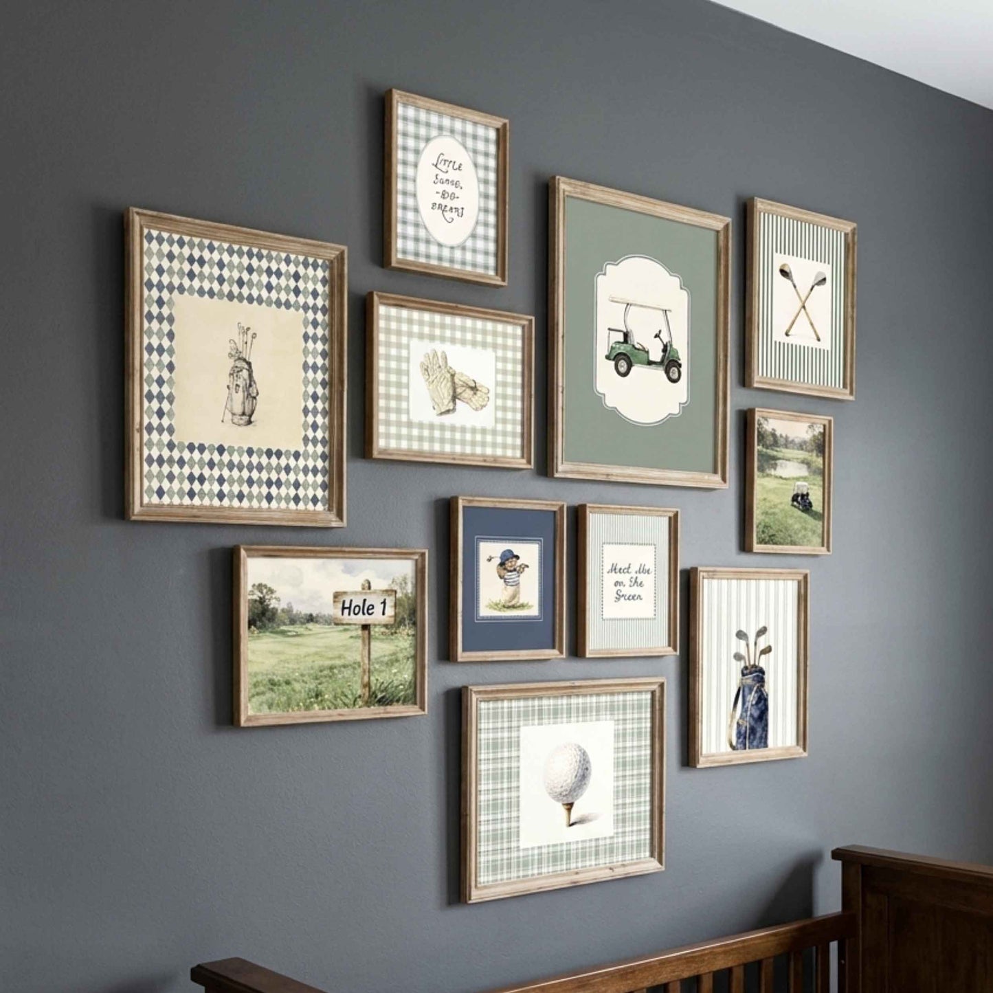11 piece country club golf nursery wall art set featuring golf carts, plaid patterns and sports quotes