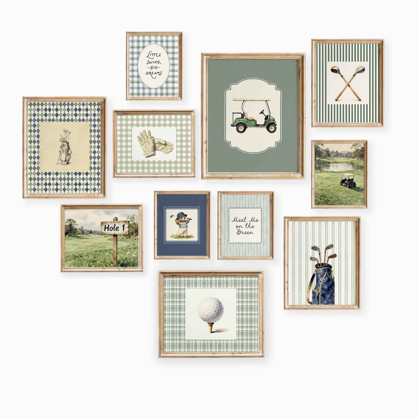 Little swing big dreams golf nursery gallery wall set of 11 styled in a boys room