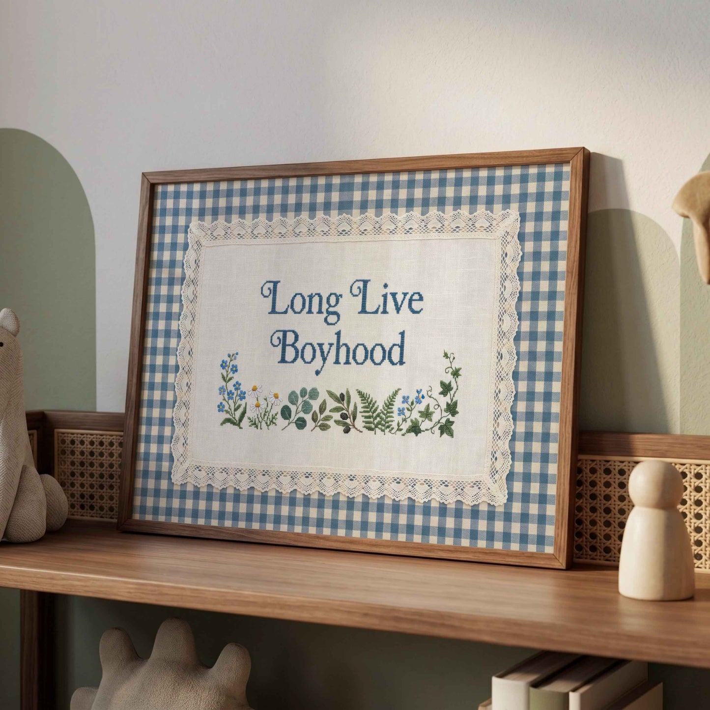 Lace trim nursery sign with deep slate blue lettering