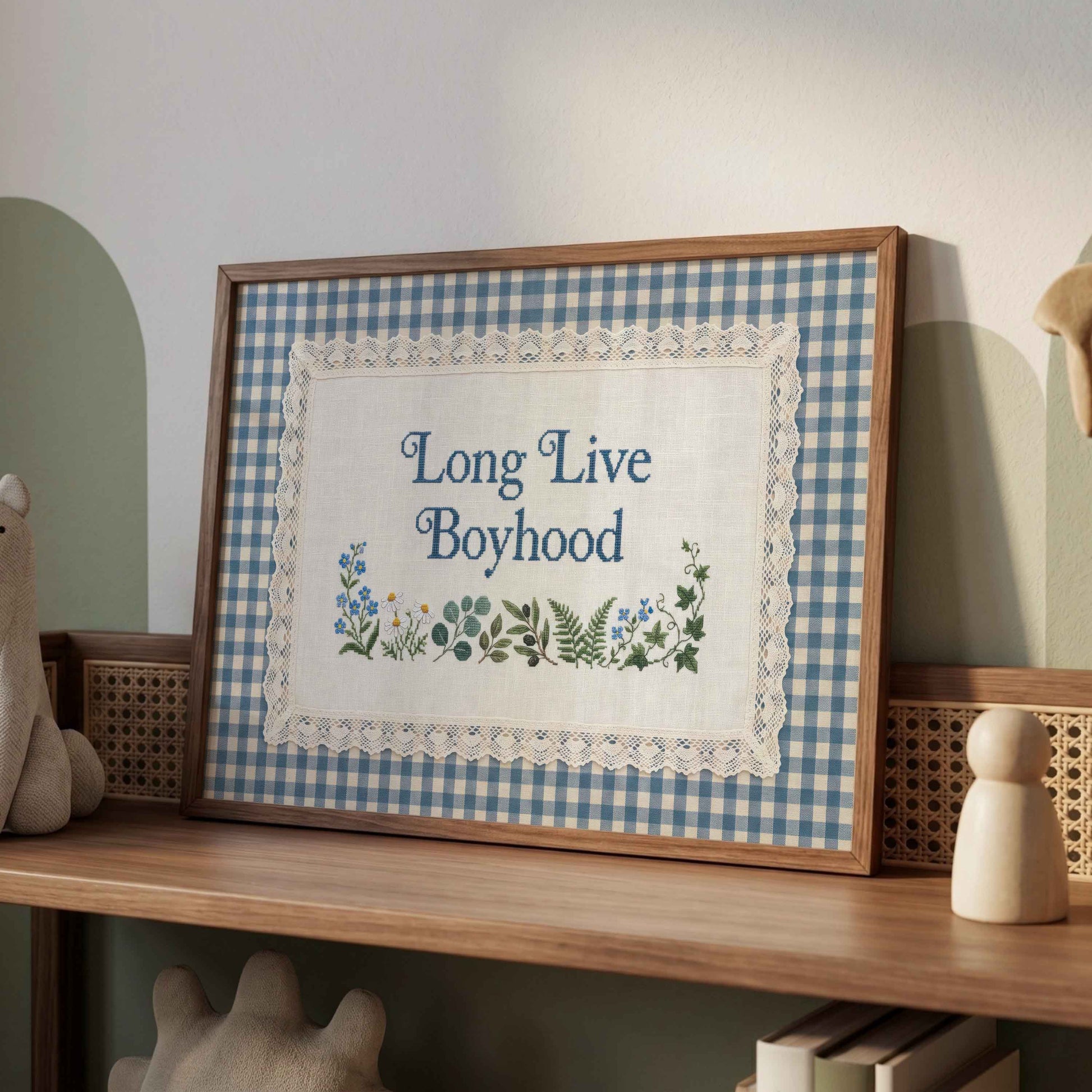Lace trim nursery sign with deep slate blue lettering