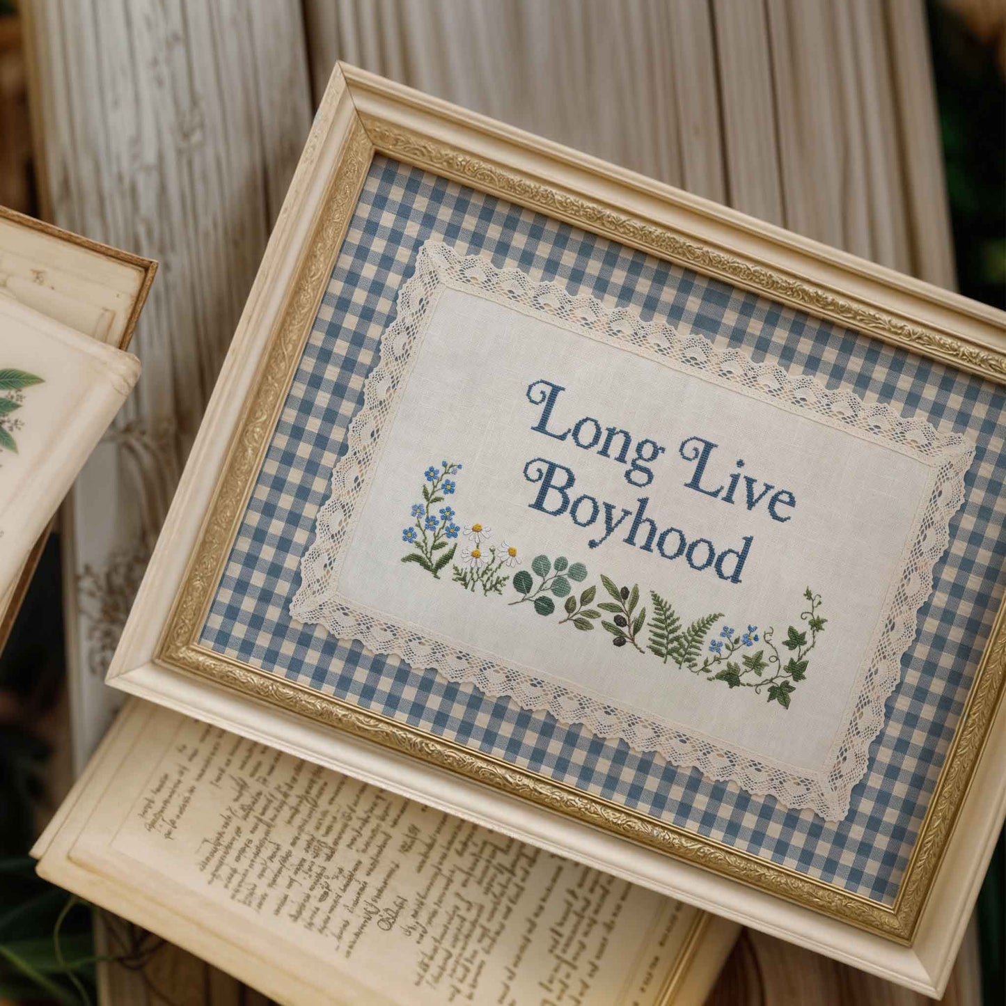 Framed Long Live Boyhood print with forget me not and daisy border