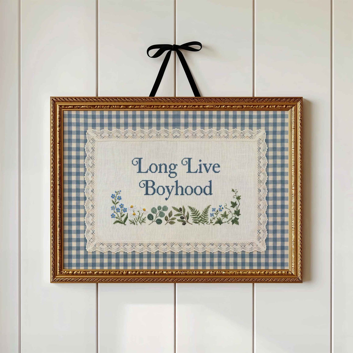 Long Live Boyhood faux embroidery print in a blue gingham frame