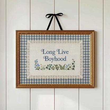 Long Live Boyhood faux embroidery print in a blue gingham frame