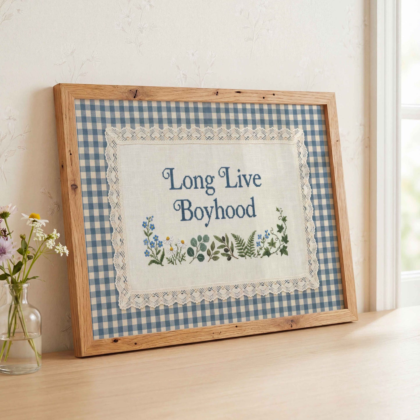 Long Live Boyhood print with botanical sprig cross stitch detail