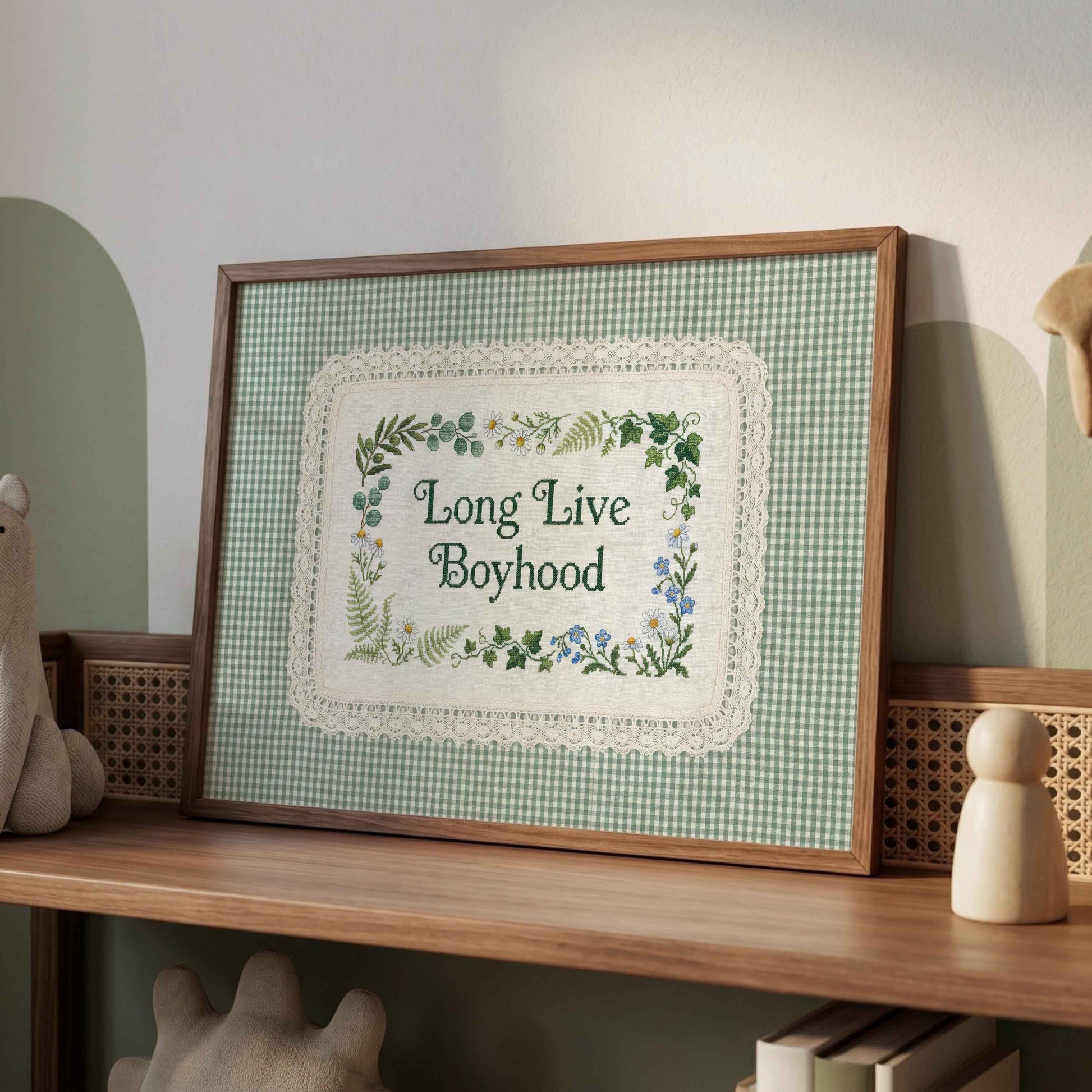 Rectangular lace nursery sign with forest green lettering