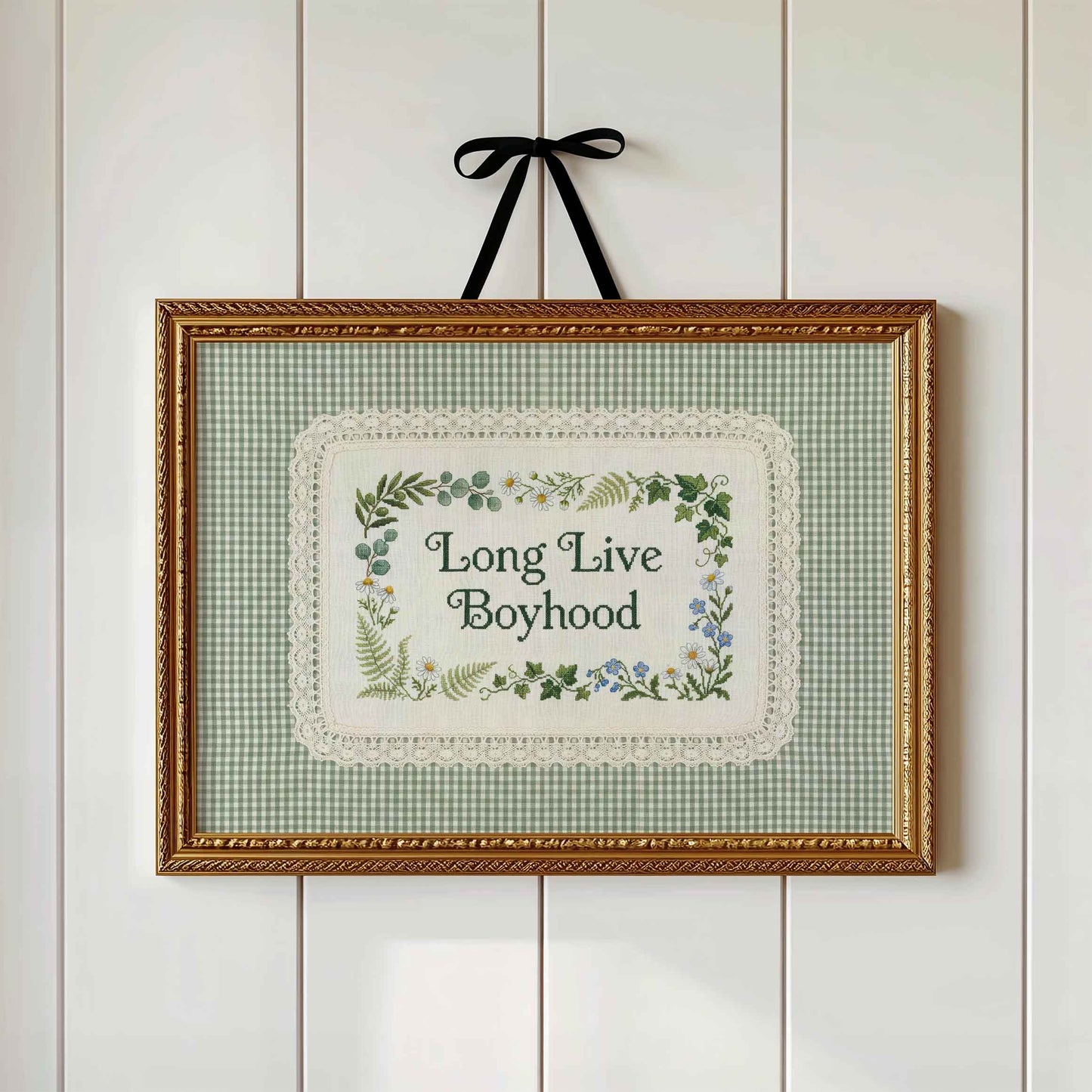 Long Live Boyhood faux embroidery print in a sage gingham frame