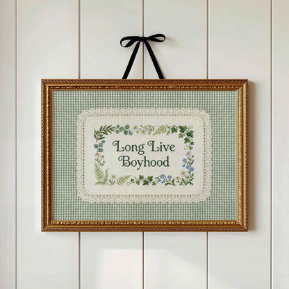 Long Live Boyhood faux embroidery print in a sage gingham frame