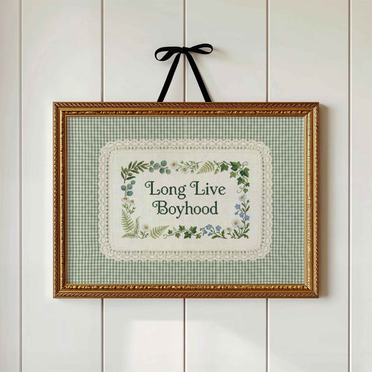 Long Live Boyhood faux embroidery print in a sage gingham frame