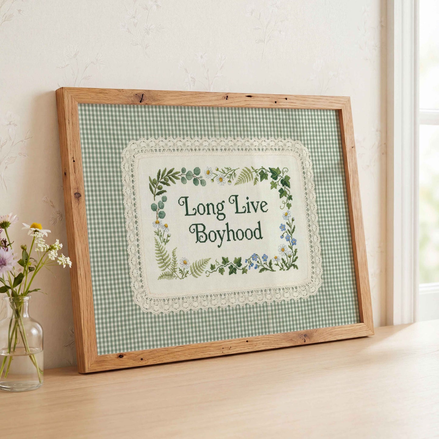 Long Live Boyhood print with wildflower and fern cross stitch detail