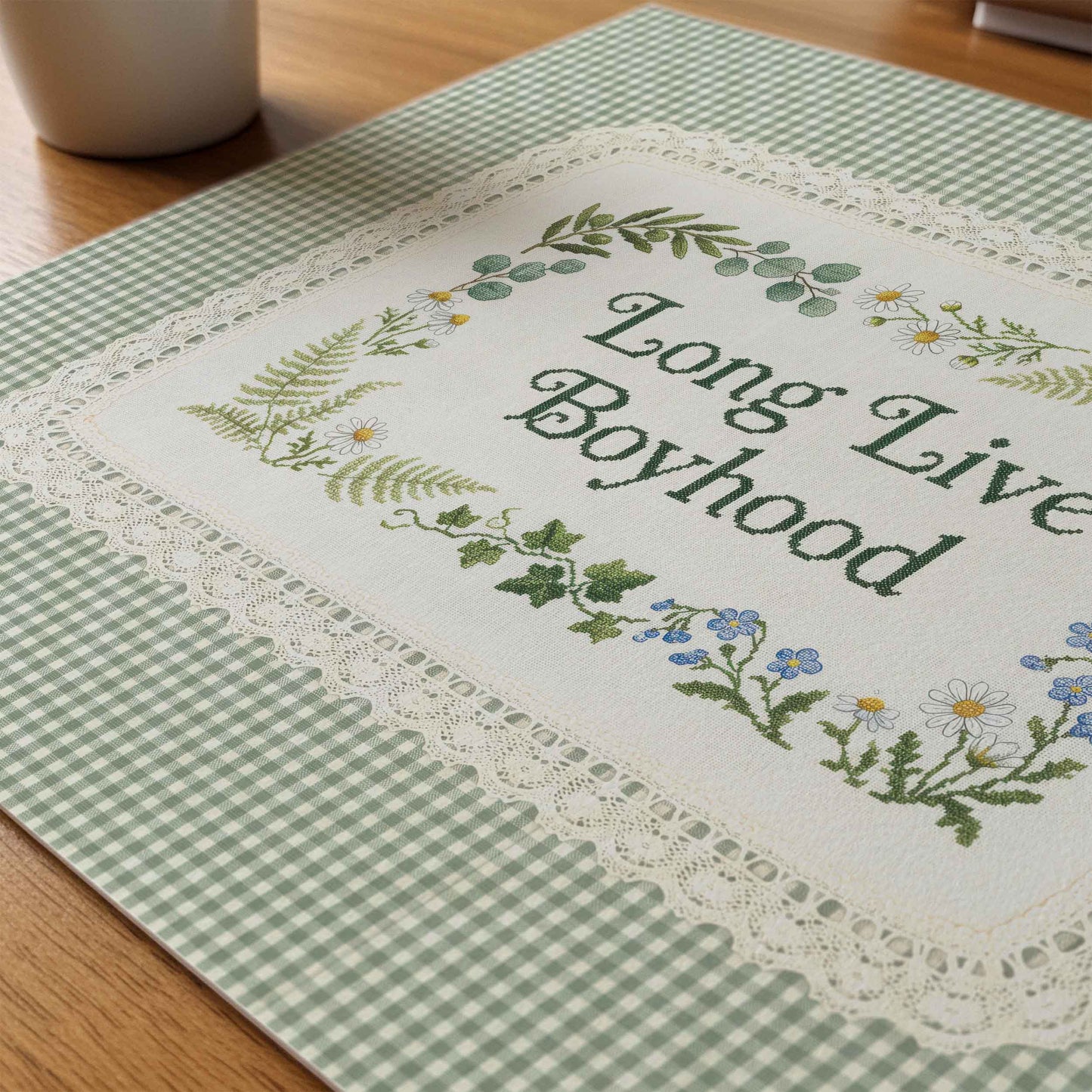 Vintage cross stitch style nursery print with sage green gingham background