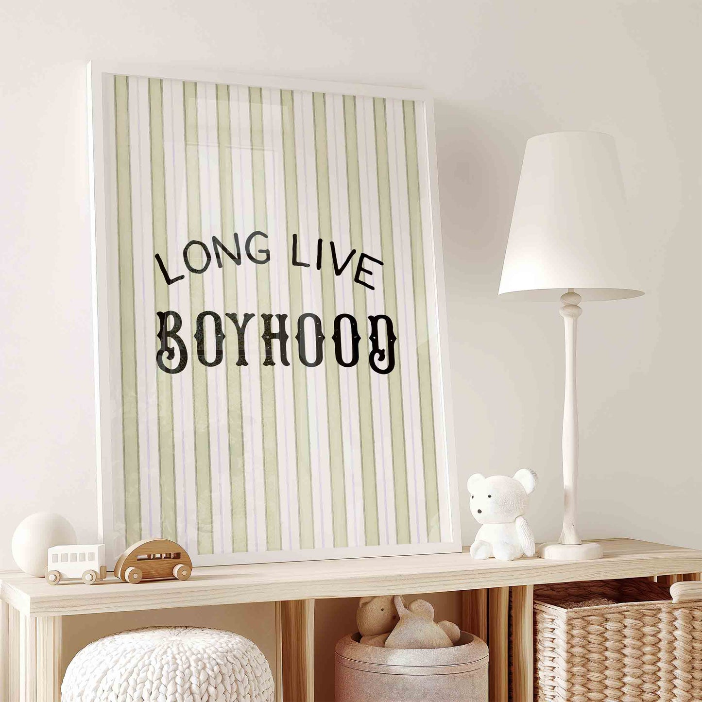 Long live boyhood typography print styled for a vintage woodland nursery room