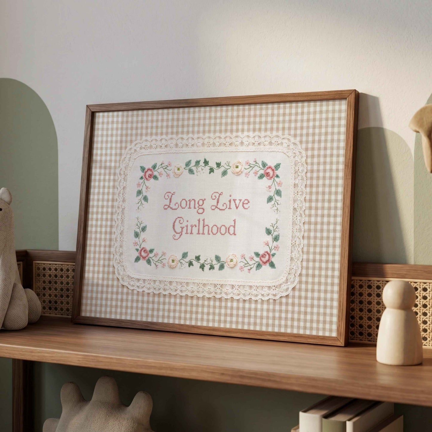 Cottagecore nursery print with faux embroidery lettering and lace trim for a girls room