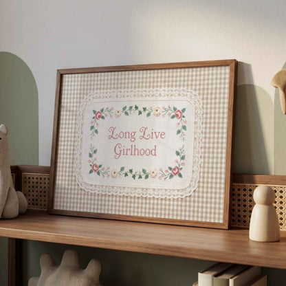 Cottagecore nursery print with faux embroidery lettering and lace trim for a girls room
