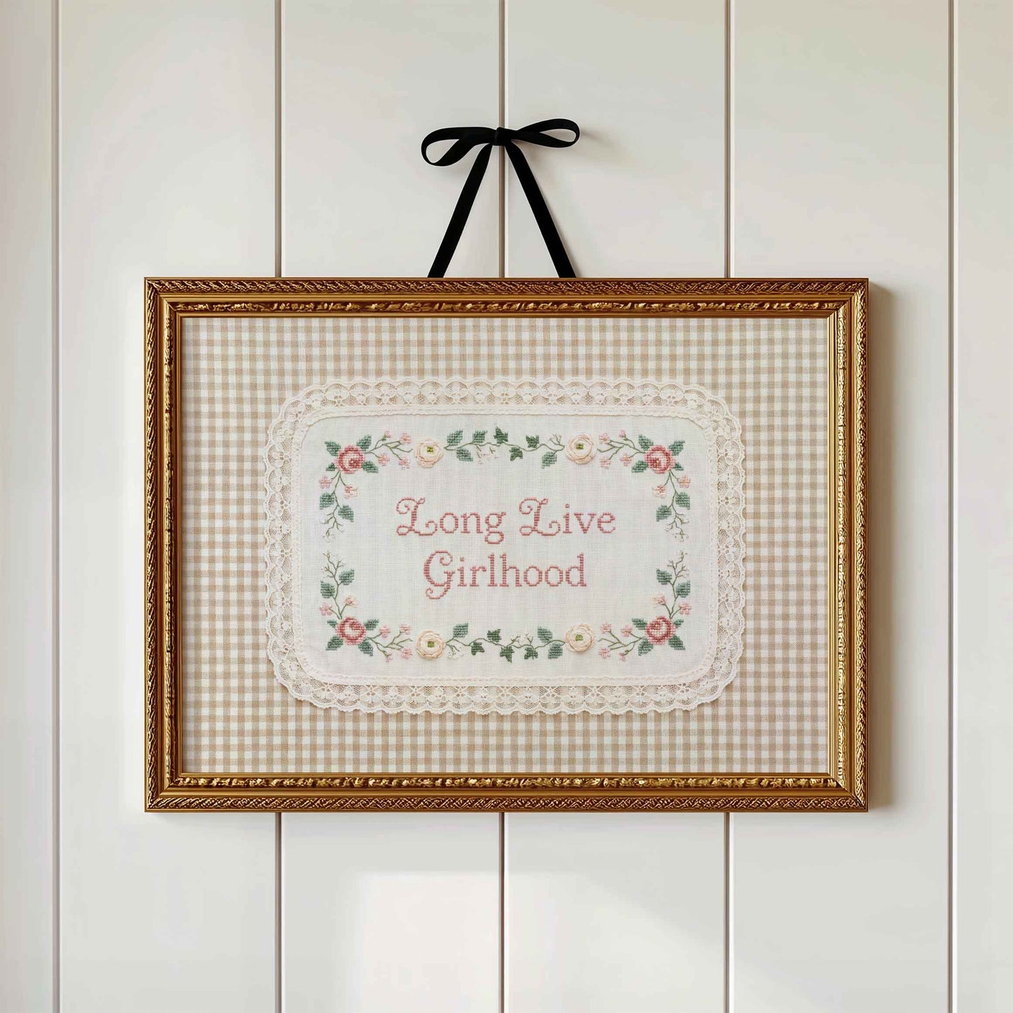 Long Live Girlhood faux embroidery print in a wood frame for a girls nursery