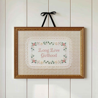 Long Live Girlhood faux embroidery print in a wood frame for a girls nursery