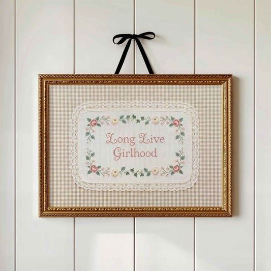 Long Live Girlhood faux embroidery print in a wood frame for a girls nursery