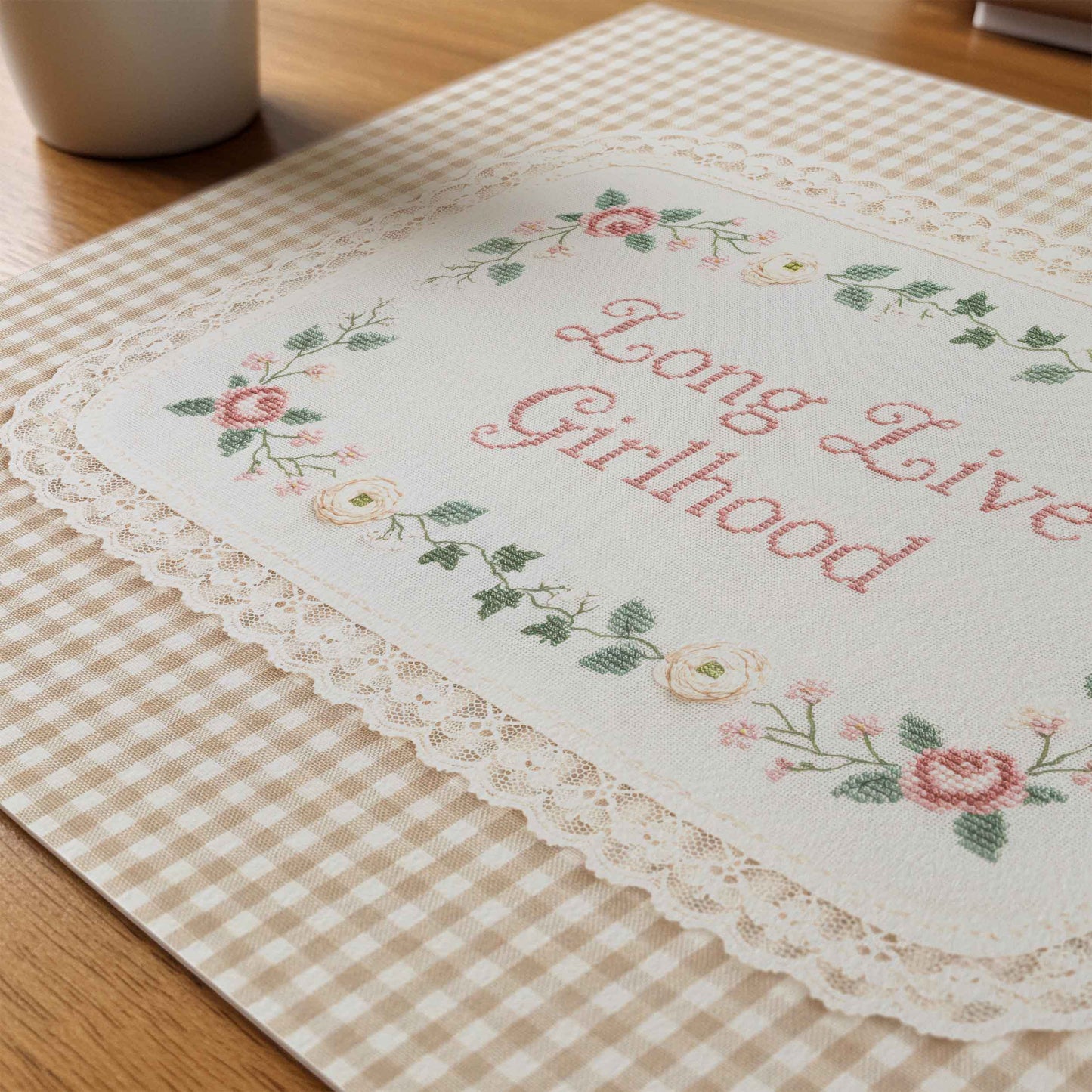 Cottagecore Long Live Girlhood wall art with lace trim and gingham fabric backdrop