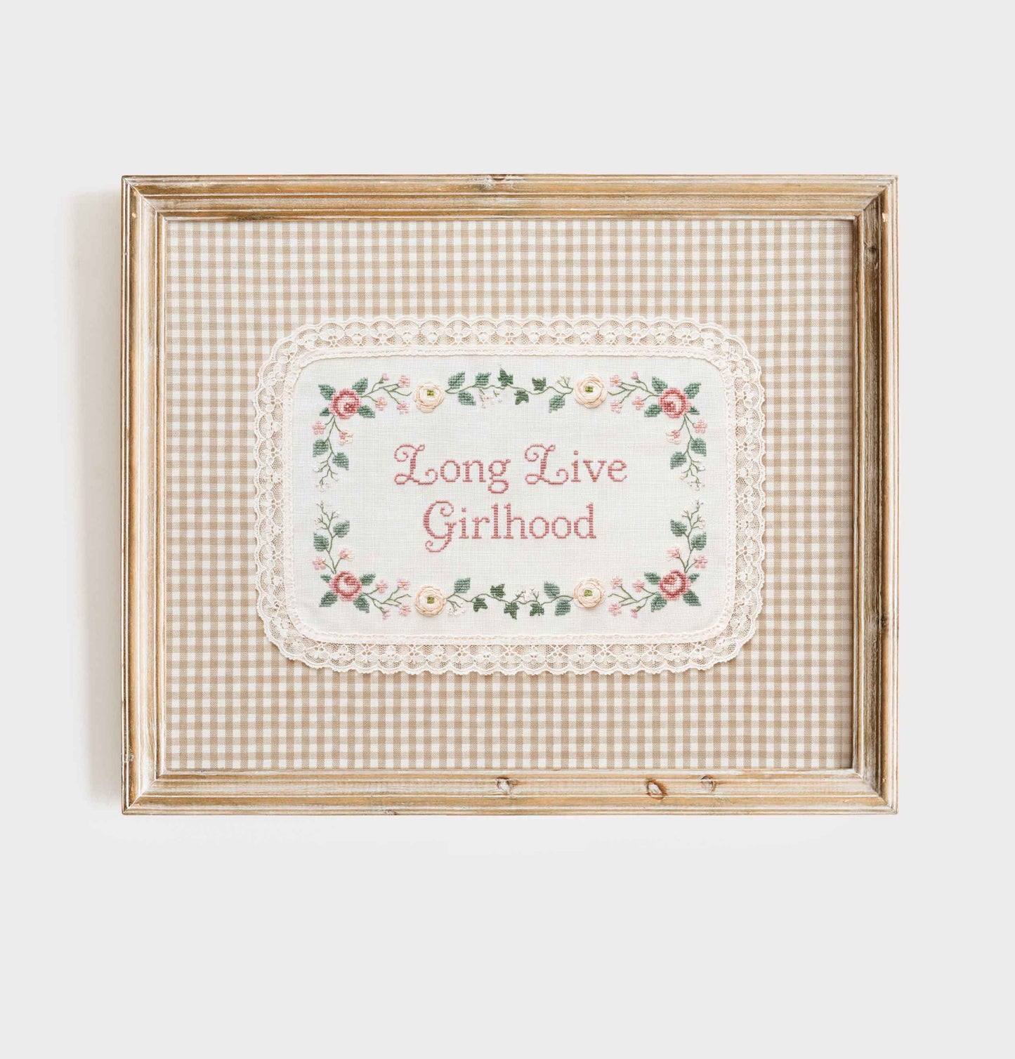 Framed faux embroidery quote print with rose vine border for a girls nursery wall