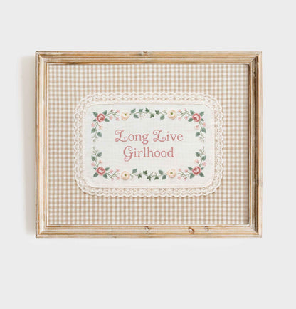 Framed faux embroidery quote print with rose vine border for a girls nursery wall